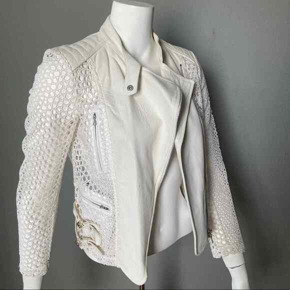 Yigal Azrouel Moto Jacket Size 4 All Over Netting Crochet Lace Leather white - Picture 11 of 11